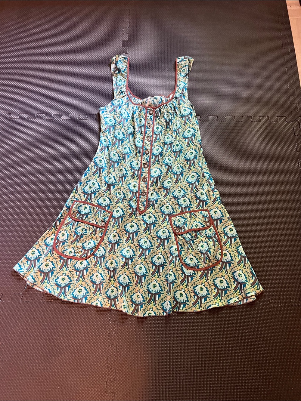 Free People EUC 100% Silk Floral Blue Green Sleeveless Dress Y2K Size 4